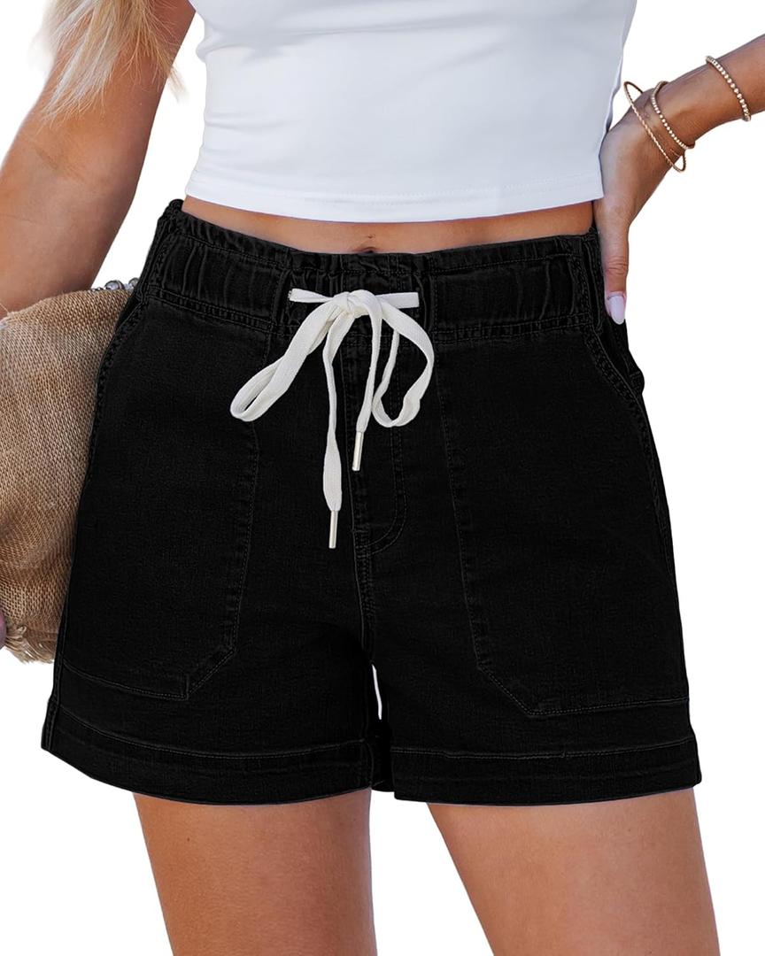 Lookbook Store Jean Shorts for Women High Waisted Drawstring Pull On Elastic Waist Stretchy Denim Shorts Wide Leg Jorts, Large