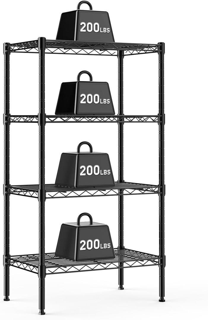 NEWBULIG 4-Tier Wire Storage Shelves, 200 lbs Heavy Duty Steel Rack, Black, 23.2" W x 13.4" D x 47.2" H