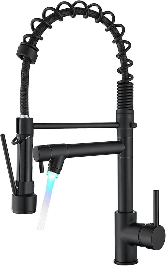 BESy 20 Inch Black Kitchen Faucet with Pull Down Sprayer, Dual Morden Commercial Rv Single Handle Single Hole Double Spout LED Spring Kitchen Sink Faucet with Pot Filler, Matte Black