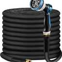 Non-Expandable Garden Hose 100 Feet, Flexible Water Hose with 10 Function Hose Nozzle, Lightweight, Tangle Free, Rust Proof for Yard (Black)