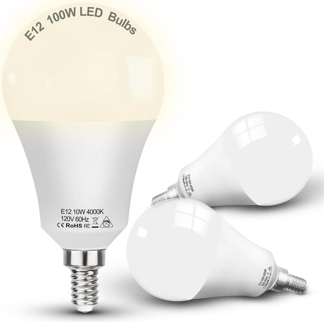 E12 A19 A60 LED Ceiling Fixture Light Bulbs 100 Watt Equivalent,Bright E12 Small Candelabra Screw Base Globe Shape LED Chandeliers Pendant Bulbs 10W 1200lm, 4000k Natural White, Non Dimmable,3Pcs