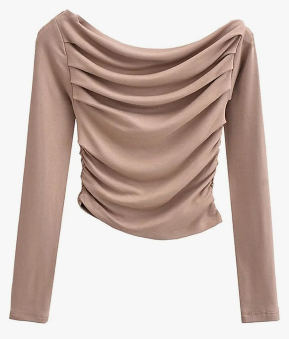 REHJJDFD Women's Long Sleeve Crop Bottoming Shirt Solid Slash Neck Ruched Y2k T Shirt, M