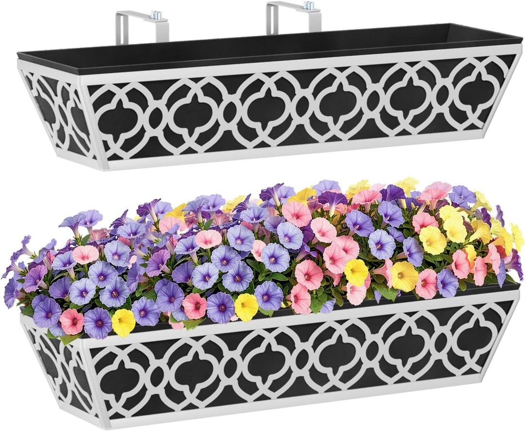 HFHOME 2 Pack 24 Inch Railing Planter Boxes with Adjustable Brackets & Non-Woven Fabric Liner Adjustable Gray Metal Window Box Planter for Balcony Deck Fence, Hanging Flower Basket for Outdoor Garden