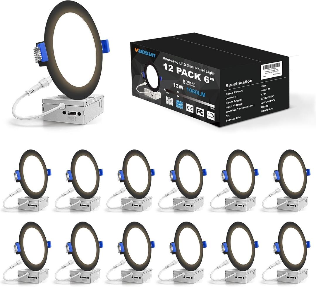 VOLISUN 12 Pack 6 inch Recessed Lighting, 5CCT LED Recessed Light Black, 2700K-5000K Selectable, 13W Eqv 120W, 1080LM Dimmable Canless Wafer Downlight, LED Ceiling Light ETL Certificated