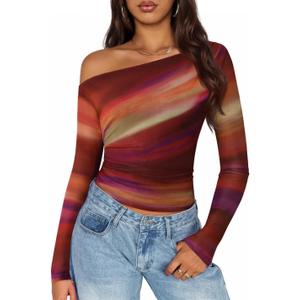 ZESICA Women's Floral Off Shoulder Long Sleeve Tops 2026 Spring Mesh Ruched Fitted Trendy Going Out Shirts Blouses, size S