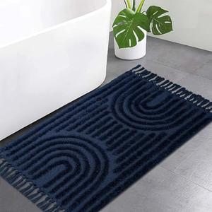 LEEVNA Washable Bathroom Rugs 2'x3', Hand-Woven Kitchen Rug with Tessal, Dark Blue Bedroom Throw Rugs, Boho Tufted Rainbow Rugs, Farmhouse Indoor Door Mat for Entryway/ Porch/ Back Door