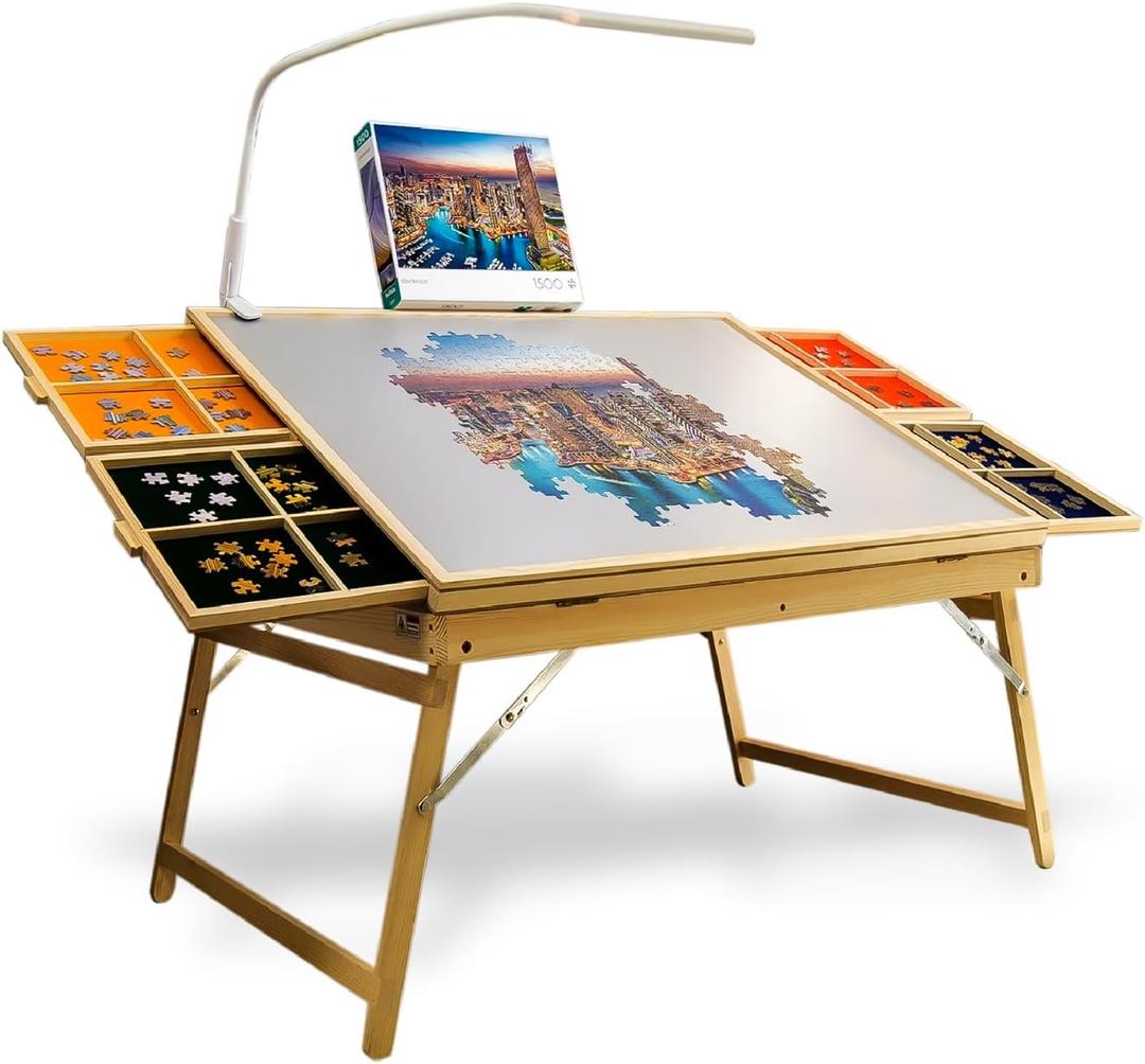 CLEAZY - Portable Wooden Puzzle Table with Foldable Legs and LED Lamp, 1500 Piece Capacity, 4 Drawers & Cover, 3 Adjustable Tilt Angles