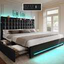 YITAHOME King Size Bed Frame, 4 Drawers and RGB LED Light,Charging Station | Velvet Upholstered Platform Bed with Storage Headboard, No Box Spring Needed, Easy Assembly, Noise-Free, Black