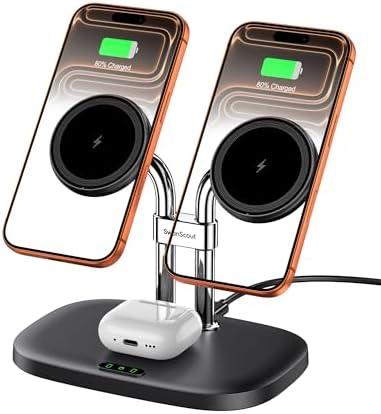 SwanScout Wireless Charger for iPhone Air/17, SwanScout 706M, Dual Magnetic Charger for iPhone 16/15/14/13/12 Series, Charging Station for AirPods Pro 3/2, AirPods 4/3rd (Black)