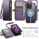 for iPhone 16 Pro Max Wallet Case Magnetic [Compatible with Magsafe] [RFID Blocking Card Holder] [Zipper] Strap Detachable Drop-proof Protective Phone Cases for iPhone 16 Pro Max 6.9", Purple