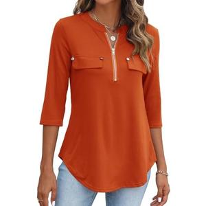 Halife Women's 3/4 Length Sleeve V Neck Flowy Tunic Blouses Work Tops Shirts with Zippers, Size Small