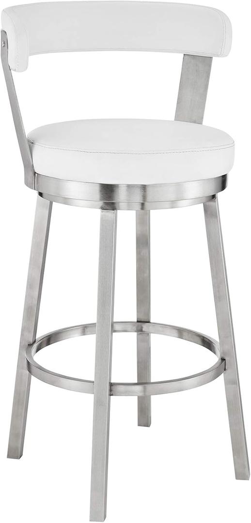 Armen Living Bryant Modern 26" Seat Height White Faux Leather and Brushed Stainless Steel Metal Swivel Bar Stool for Kitchen Island Counter