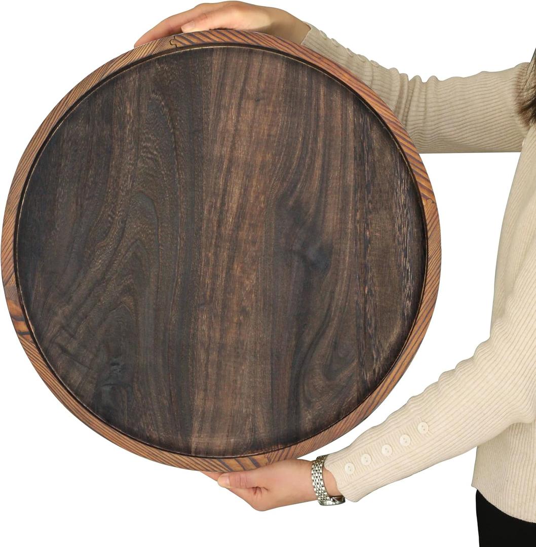 20" Rustic Wooden Serving Tray - Extra Large Round Ottoman Table Tray for Farmhouse Decorative Oversized Coffee Table Trays Living Room Kitchen Counter Breakfast Brown