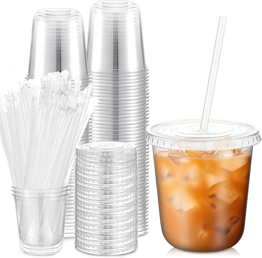 Ziliny 50 Sets Clear Plastic Cups with Lids and Straws, Disposable Iced Coffee Cups Drinking PET for Cold Drinks, Juice, Smoothie, Coffee Shops, Party, Christmas (12 oz,Clear)