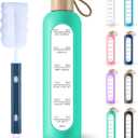 PROBTTL 32 Oz Borosilicate Glass Water Bottle with Time Marker Reminder Quotes, 1 Liter Leak Proof Reusable BPA Free Motivational Water Bottles with Silicone Sleeve and Bamboo Lid (Aqua)