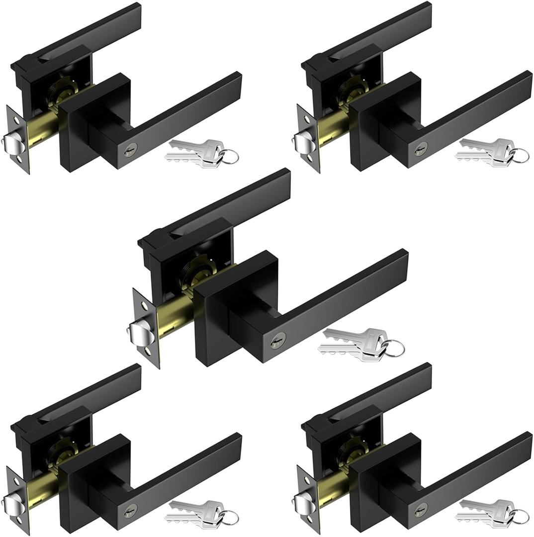 Matte Black Door Handles 5-Pack, Entry Door Knobs with Lock and Key (Different Keys), Heavy Duty Reversible Lever Handle(2.2lb), Fits Standard Doors 1-3/8" to 1-3/4" for Interior Exterior
