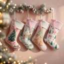 4 Pcs Christmas Stockings Vintage Country Christmas Decoration Pink Bow Xmas Stocking 18 Inch French Toile Cute Large Hanging Xmas Ornament Gift for Tree Fireplace Holiday(Pink Bow)