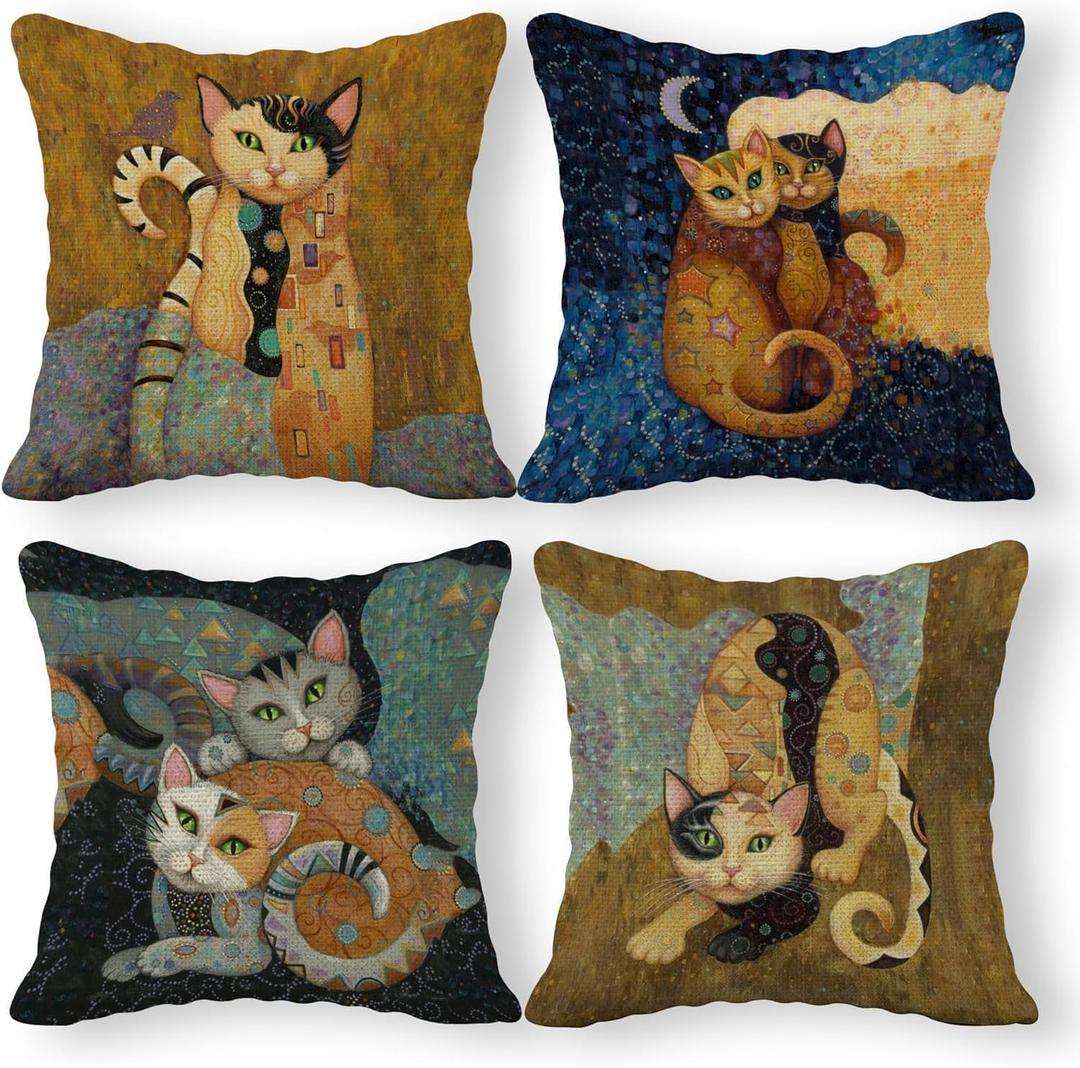 Abstract Cat Linen Throw Pillow Case, 22 x 22 Inch Set of 4, Gifts for Cat Lover, Funny Cat Pillow, Children Room Decoration, Cat Owners Gifts, Cat Theme Room Decor, Cushion Cover for Sofa Couch Bed.