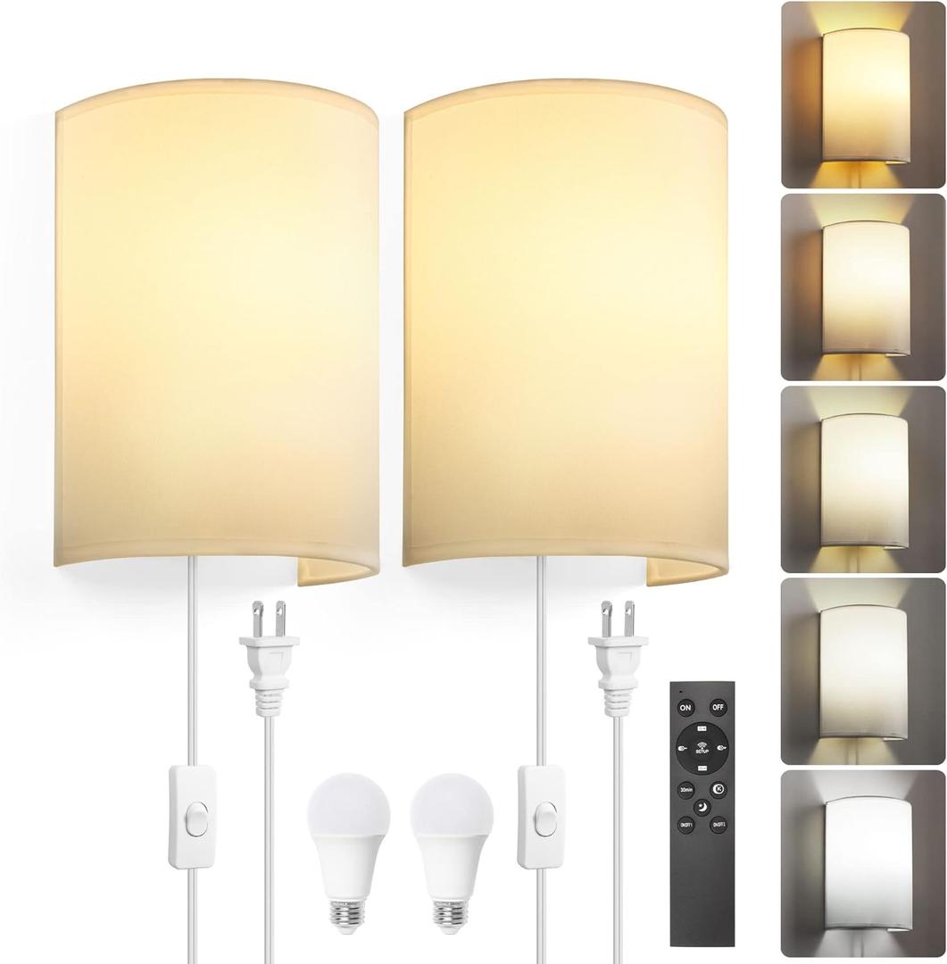 GOODATE Plug in Wall Sconces, Stepless Colors 2700K-6500K & Stepless Dimming, Wall Sconces Set of Two with Remote & Switch Control, Plug in Wall Light with Timer, Bulbs Included, White