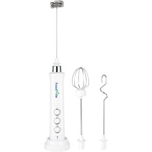 MF09 3 in 1 Rechargeable Milk Frother Handheld Foam Maker with Charging Stand & 3 Stainless Steel Whisks (White without Case)