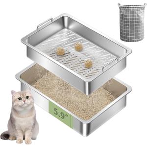 Stainless Steel Sifting Litter Box for Clumping Litter, Large Metal Sifter Litter Pan with Handle, Including Cat Litter Bag, Non-Stick, Odor Control, Easy Cleaning, (19.7" Lx13.8 Wx5.9 H)