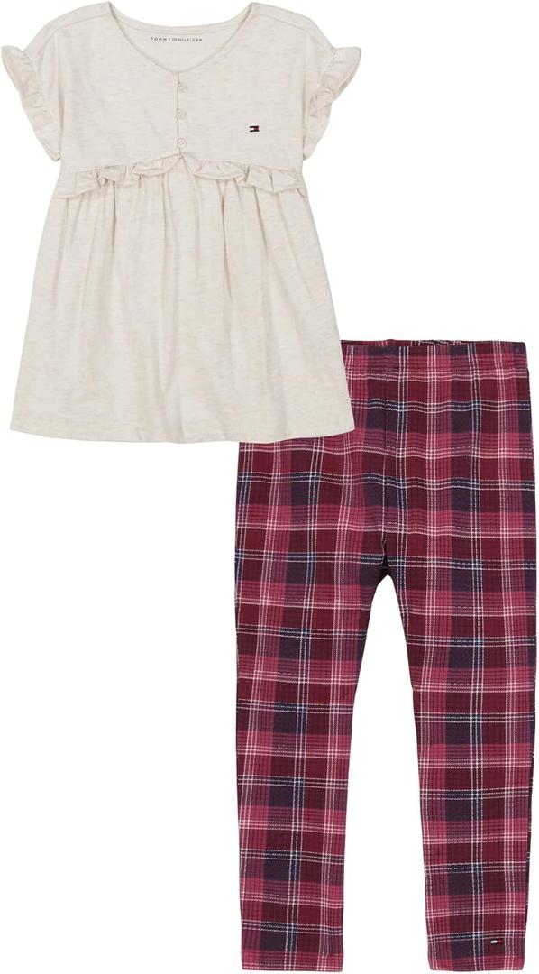 Tommy Hilfiger girls 2pc Tunic Legging Set (6X, Oatmeal Heather/Plaid)