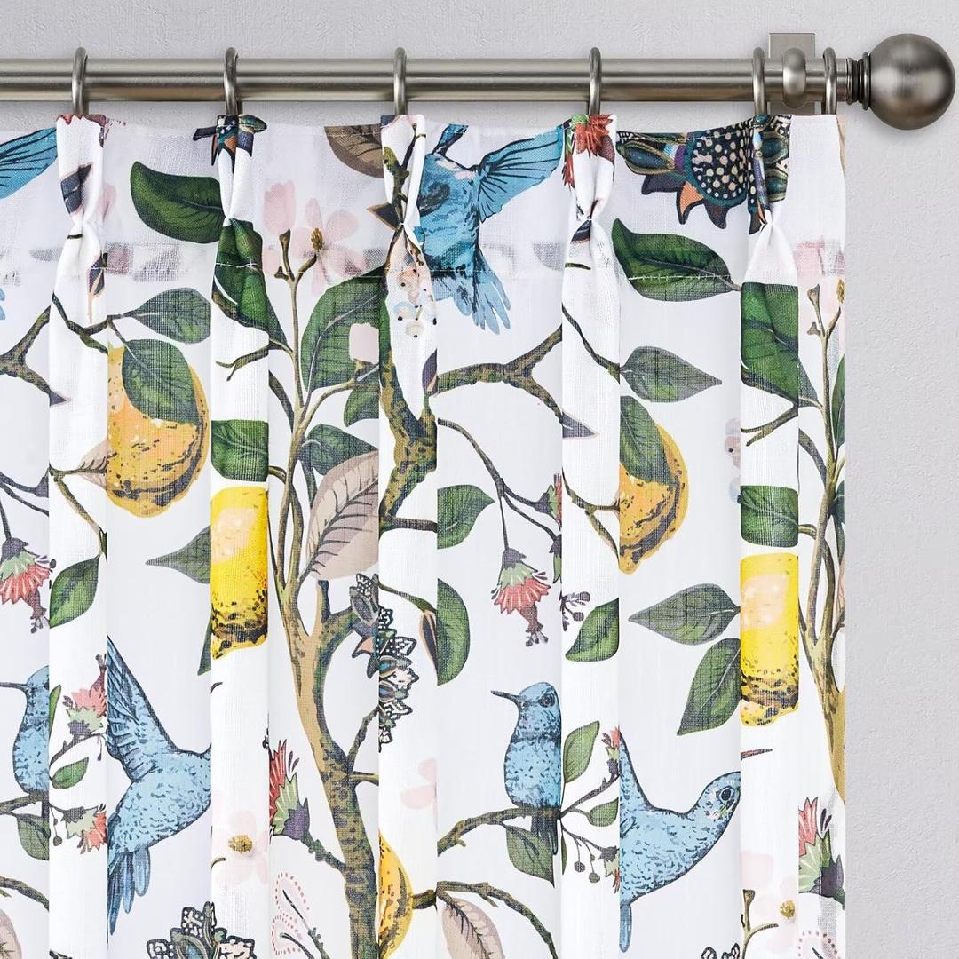 Printed Pattern Curtains 63 Inches Long for Living Room Farmhouse Floral Vintage Art Deco Drapes White Pinch Pleated Sheer Hummingbird Lemon Patterned Window Treatment for Bedroom 2 Panels
