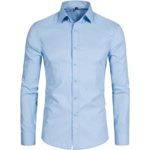 Men's Long Sleeve Button Up Shirts Solid Slim Fit Casual Business Formal Dress Shirt (Large, Light Blue)