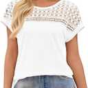 Imily Bela Womens Summer Tops Dressy Casual Short Sleeve Lace Trendy Shirts Crewneck T Shirt Hollow Out Loose Blouses (White, M)