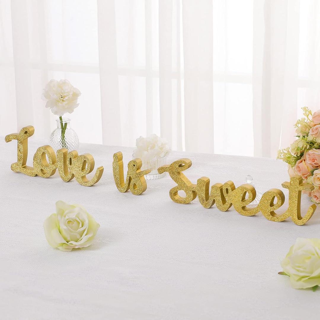 Love Is Sweet Table Decor Hollow Sign Wooden Love Is Sweet Sign for Dessert Table Freestanding Wood Is Wooden Letter Top for Wedding Shelf(Glitter Gold)