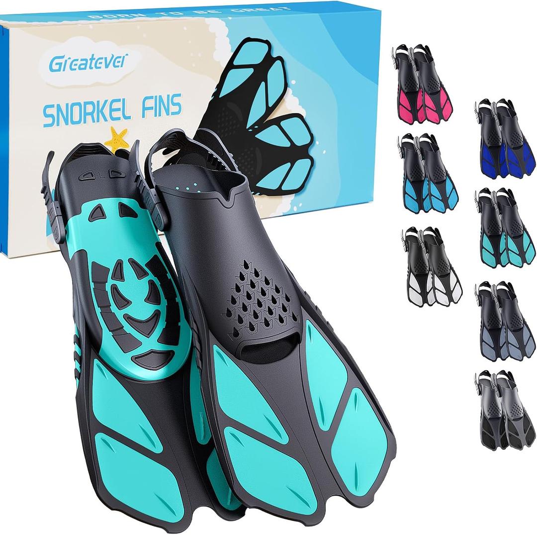 Greatever Snorkel Fins Adjustable Buckles Open Heel Swim Flippers Travel Size Short Swim Fins for Snorkeling Diving Swimming Adult Men Womens, Green, Kids JR  9-13