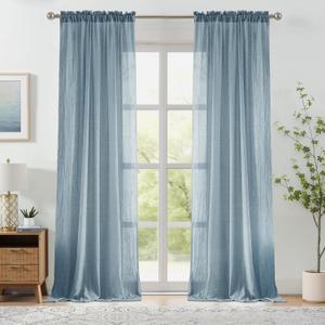 Melodieux Blue Sheer Curtains 84 Inches Long 2 Panels for Bedroom Living Room, Natural Cotton Textured Light Filtering Window Sheer Curtains, Rustic Rod Pocket Crinkle Voile Drapes, 52" W x 84" L