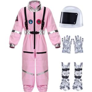 Cuffbow 4 Pcs Astronaut Costume Kids for Halloween, Space Helmet Jumpsuit Gloves Shoe Covers Set for Child Teen Boys (5-7 Years, Pink)