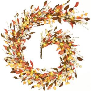 Waipfaru Fall Decor, 6FT Fall Garland with Lights Autumn Eucalyptus Leaves Lighted Garland Thanksgiving Harvest Festival Decoration for Home Mantle Porch Outdoor Indoor Wedding Window Wall Arch(2 PCS)