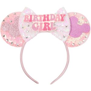 Birthday Mouse Ears Headband, Sparkle Princess Bow Headband for Women Girls, Sequin Birthay Party Hair Accessories (Pink) (1 Count (Pack of 1))