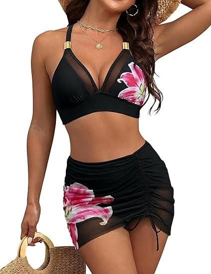 Blooming Jelly Womens High Wasited Bikini Sets Tummy Control Swimsuits Curvy Mesh Swim Skirt