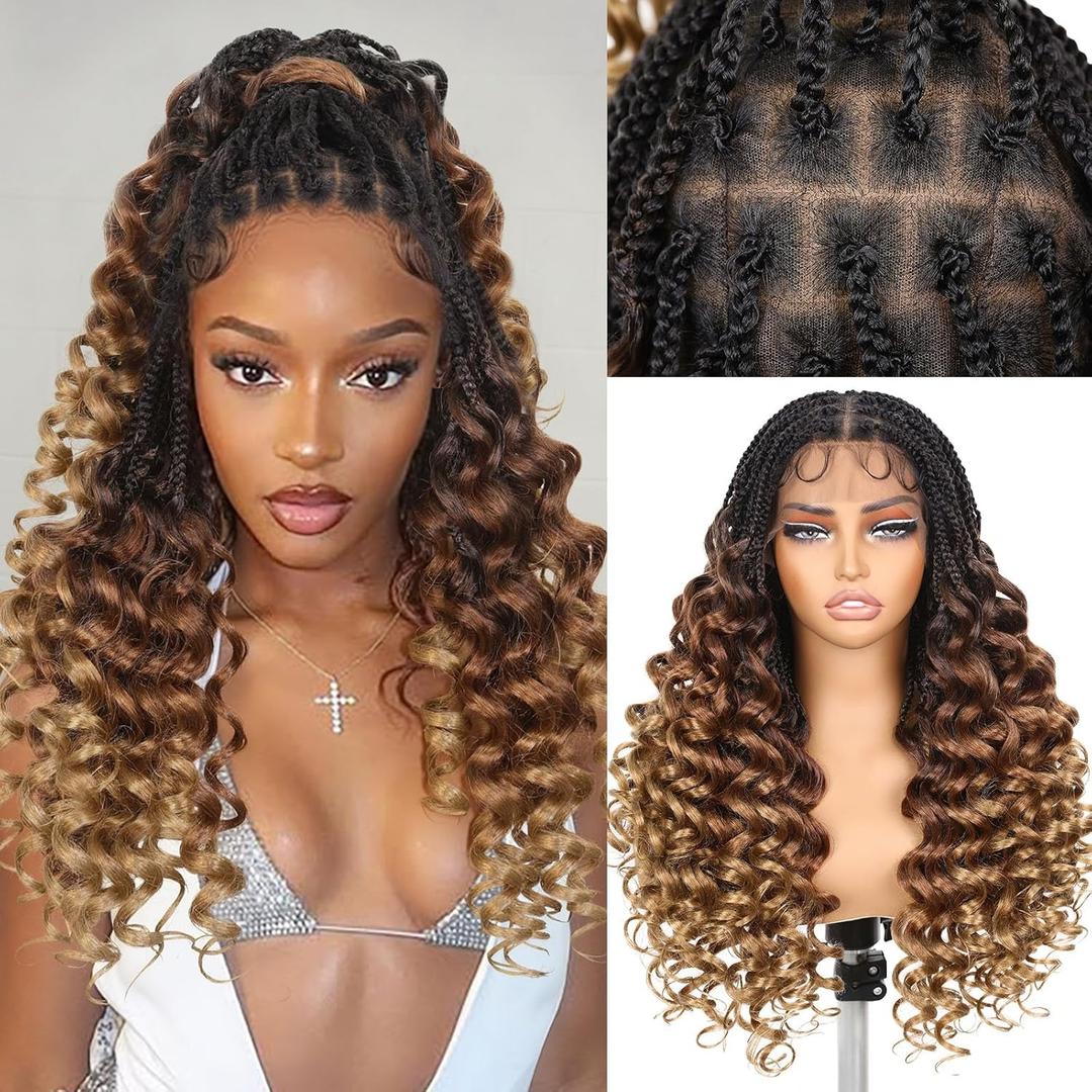 HANNE Braided Wigs for Black Women Double Full Lace Box Braided Wigs Synthetic Wavy Glue less Braid Wig with Baby Hair 3D Curls Braided Wig 24 Inch (1B/30/27, Wavy-24)