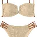 SweatyRocks Women's 2 Piece Bikini Set Cut Out Textured Swimsuit Tie Back High Cut Smocked Bathing Suit (Medium, Champagne)