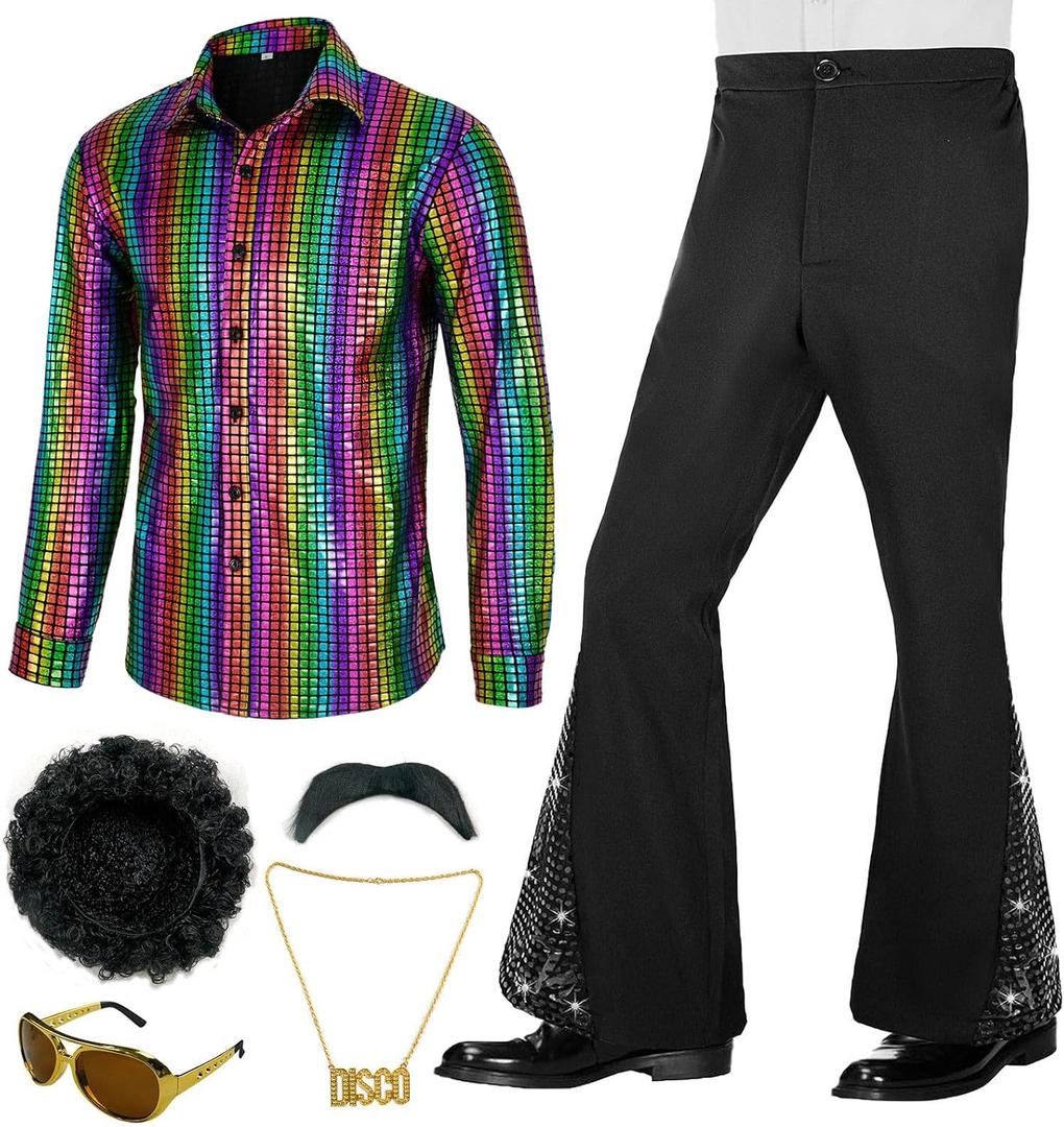 70s Outfits for Men 6 Pcs Disco Outfit Retro Costume with Bell Bottom Pants (Large)