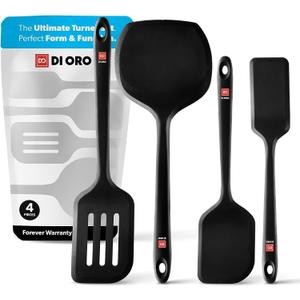 DI ORO Silicone Turner Spatula Set - Kitchen Spatulas for Nonstick Cookware - Cooking Utensils for Flipping Eggs & Pancakes - 600F Heat-Resistant BPA Free Turners - Dishwasher Safe (4pc, Black)