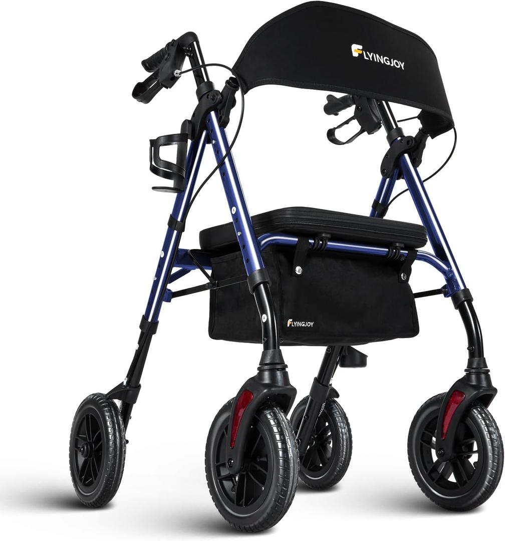 Lightweight Rollator Walker with Seat & Backrest - Foldable Mobility Aid for Seniors, 8" Large Airless Tires, Adjustable Height, Brake,Storage Bag,300 lbs Capacity, 4 Wheel Rolling Walkers for Adults