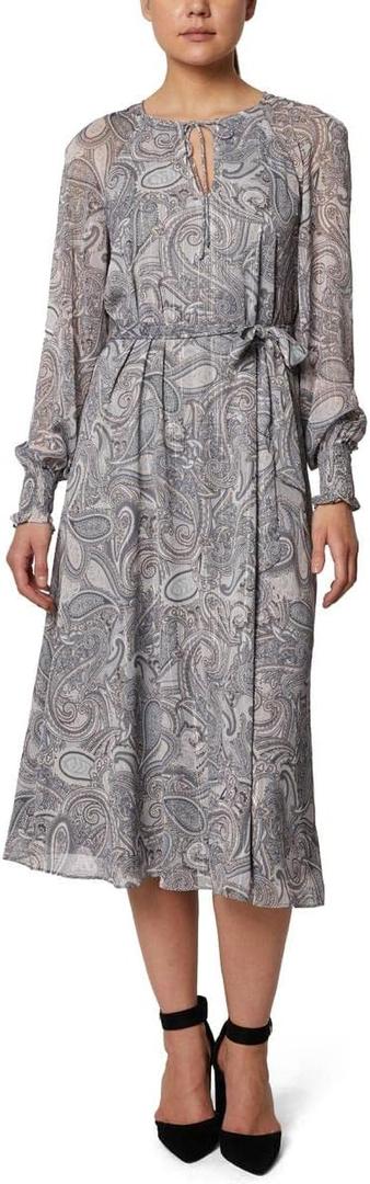 Laundry by Shelli Segal Women's Long Sleeve Midi Dress with Tie Belt (2, Grey Multi)