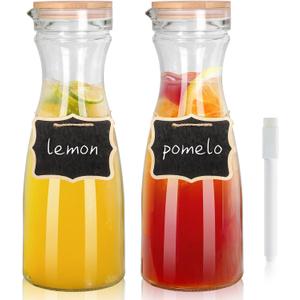 Glass Carafe with Lids, 40 oz, Set of 2-1 Liter Mimosa Bar Water Pitcher, Beverage Dispensers, Wide Mouth, Perfect for Juice, Cold Drink, Milk, Iced Tea, Lemonade - 2 Wooden Chalkboard Tags (Clear)