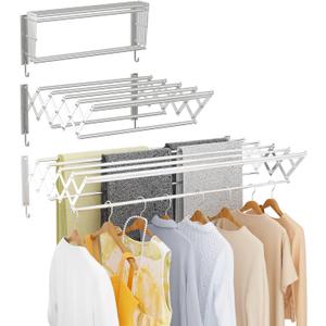 | Clothes Drying Rack Wall Mounted with Hooks - Foldable & Removable Laundry Drying Rack, Extendable 21"-39.4", 110lbs Heavy Duty Drying Rack with 7 Stainless Steel Rods for in & Out Door