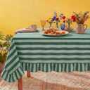Tudomro 1 Pcs Ruffle Edge Striped Tablecloth, 84'' x 60'' Scalloped Table Cover, Farmhouse Linen Fabric Cloth for Rectangle Table, Dining Room Bridal Shower Wedding Holiday Party(Forest, Mint Green)