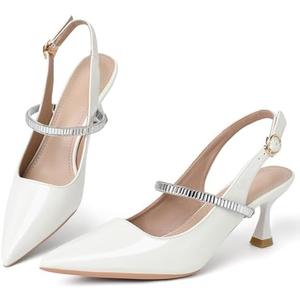 QXQDQY Women's Slingback Kitten Heel Pointed Toe Dress Pumps Shoes Pointed Closed Toe Ankle Strap Elegant Wedding Pumps Formal Comfortable Shoes White Size 7