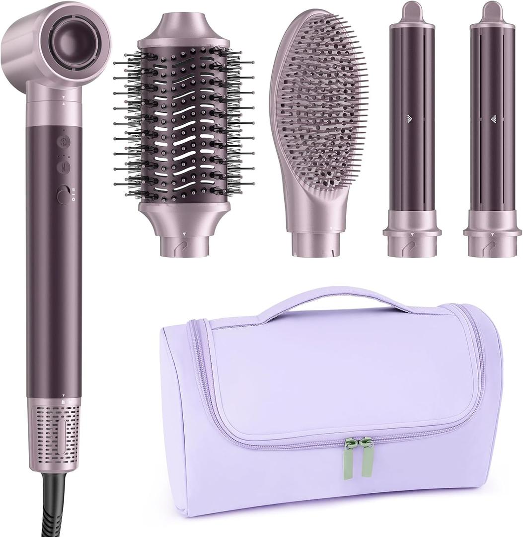 MESCOMB Dual Voltage Hair Dryer Brush for Travel, 5 in 1 Air Styler with High-Speed Blow Dryer, Anti-Frizz, Compact, 100V-240V for Worldwide Use, Includes Travel Bag (Purple)