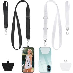 takyu Phone Lanyard, 2 Pack Adjustable Crossbody Neck/Wrist Strap with 2 PcsTether Pads, Secure Hands-Free Compatible for iPhone Samsung Perfect for Nurses, Teachers, Travel, Hiking Black+White