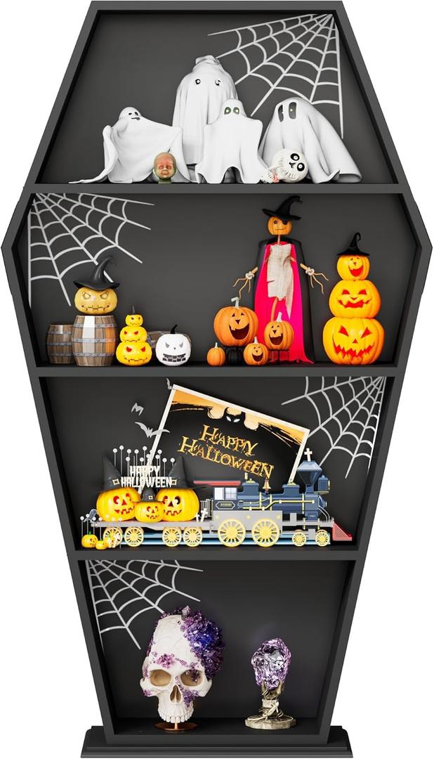 Halloween Goth Coffin Bookshelf 48''H - Wood Tall Coffin Shelf with Spider Web Gothic Decor, Black Spooky Curio Shelf for Home Decor, 48’‘H Coffin Bookcase