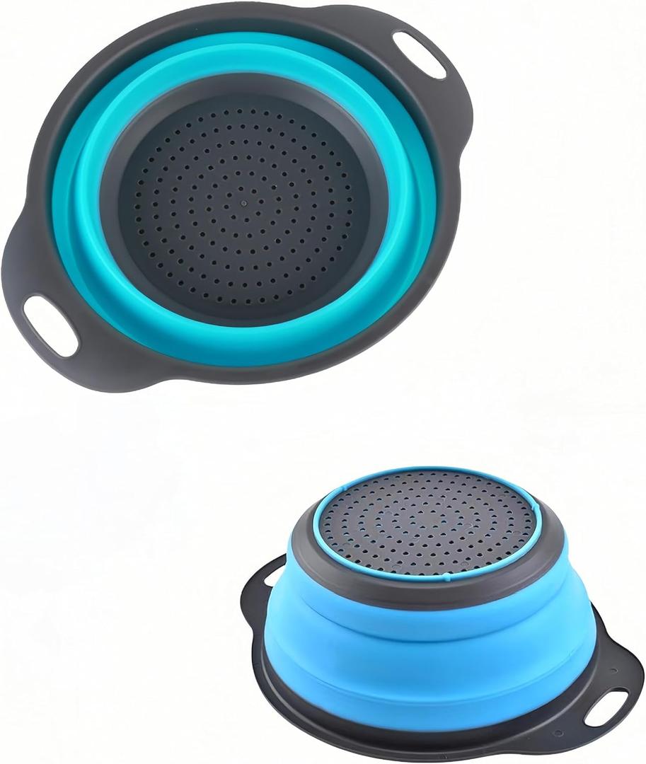 2Pack Blue Round Collapsible Colander,Plastic Handles Silicone Kitchen Strainers Foldable Kitchen Strainer,Perfect for Draining Pasta Vegetable and Fruit for Home Cooks (Red)